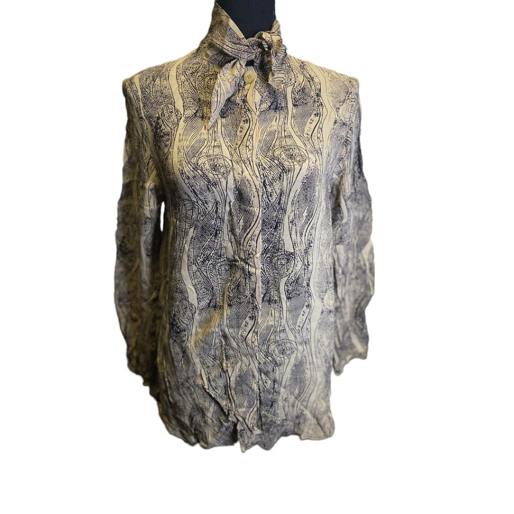 BIBA Tie neck long sleeve blouse black/ khaki size 40